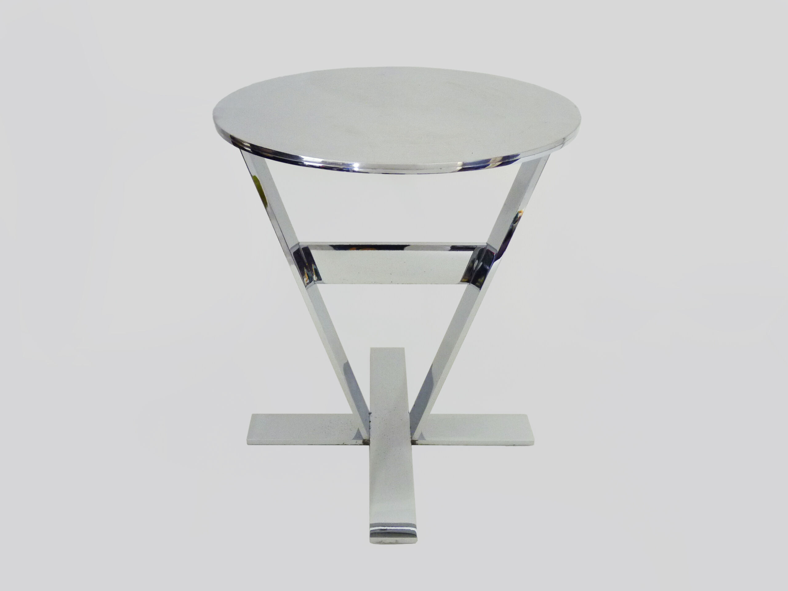 Prototype pedestal table, stool, sofa end, chrome metal and stainless steel German design