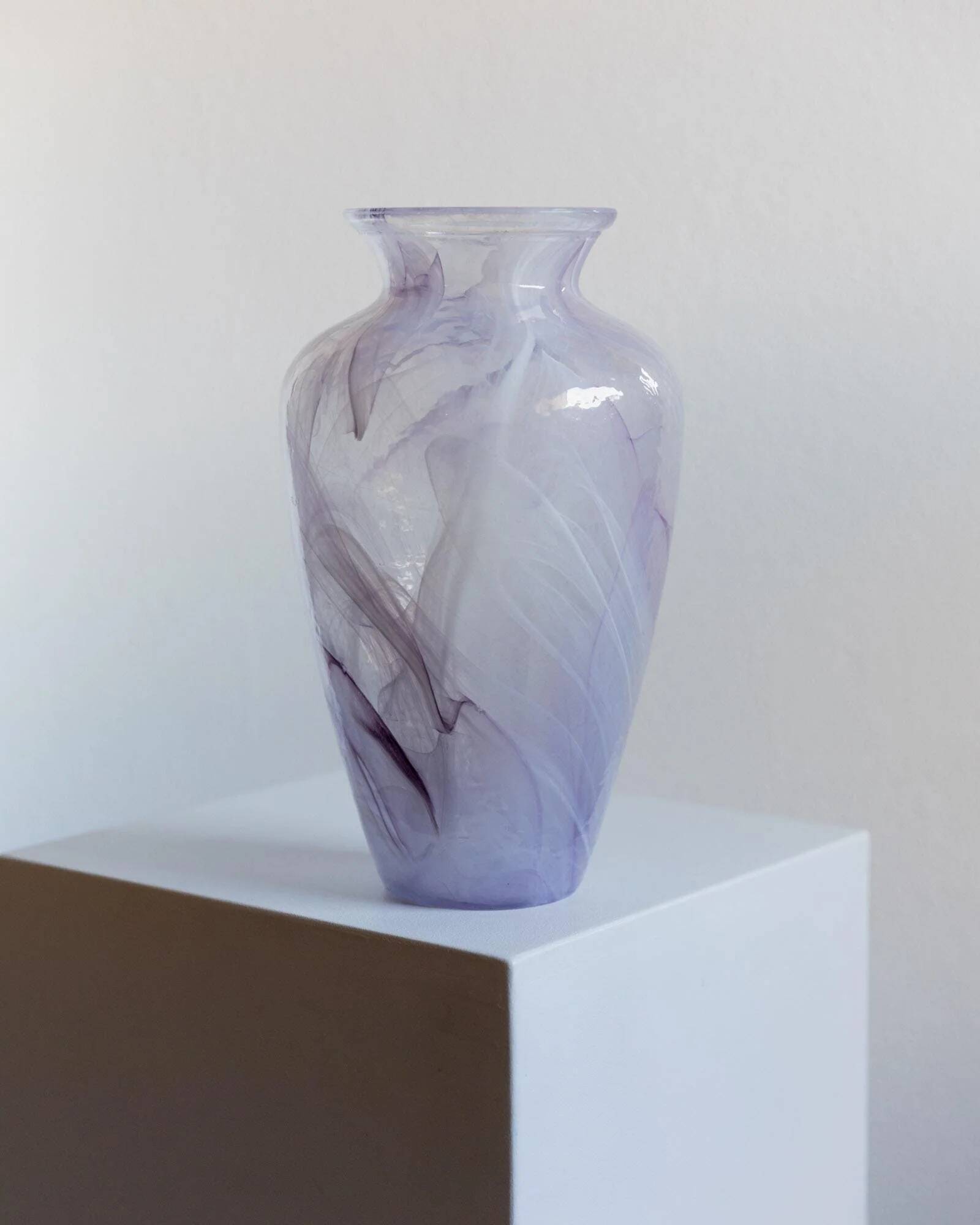 Vintage Murano glass vase from the 1970s, lilac and white swirl.