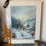 Pastel "chapel under the snow" signed