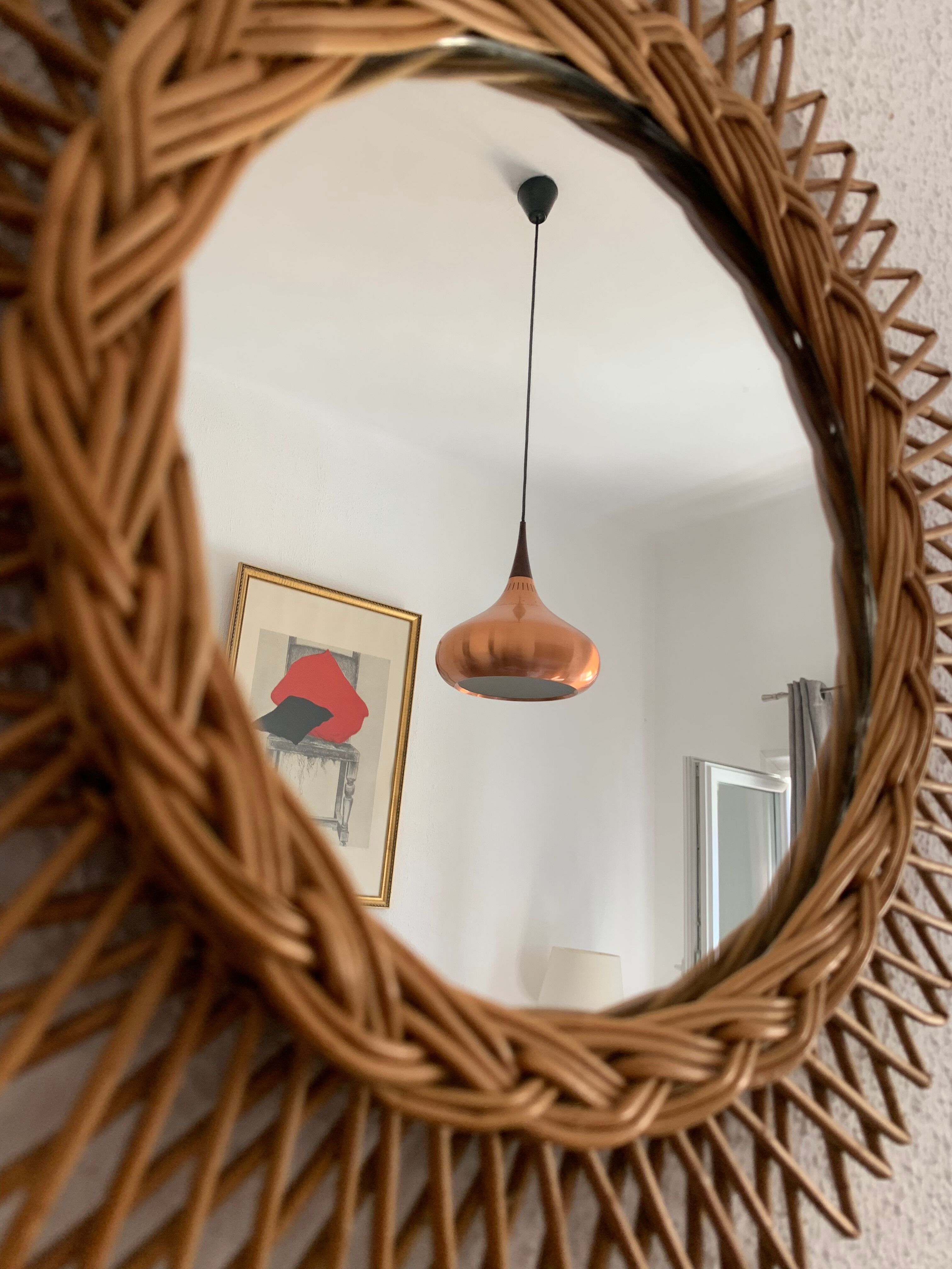 Vintage mirror 1960 sun rattan flower wicker - 37 cm