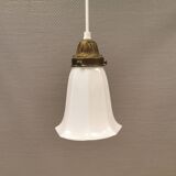 Small delicious tulip shaped hanging lamp in white opal glass with brass top.