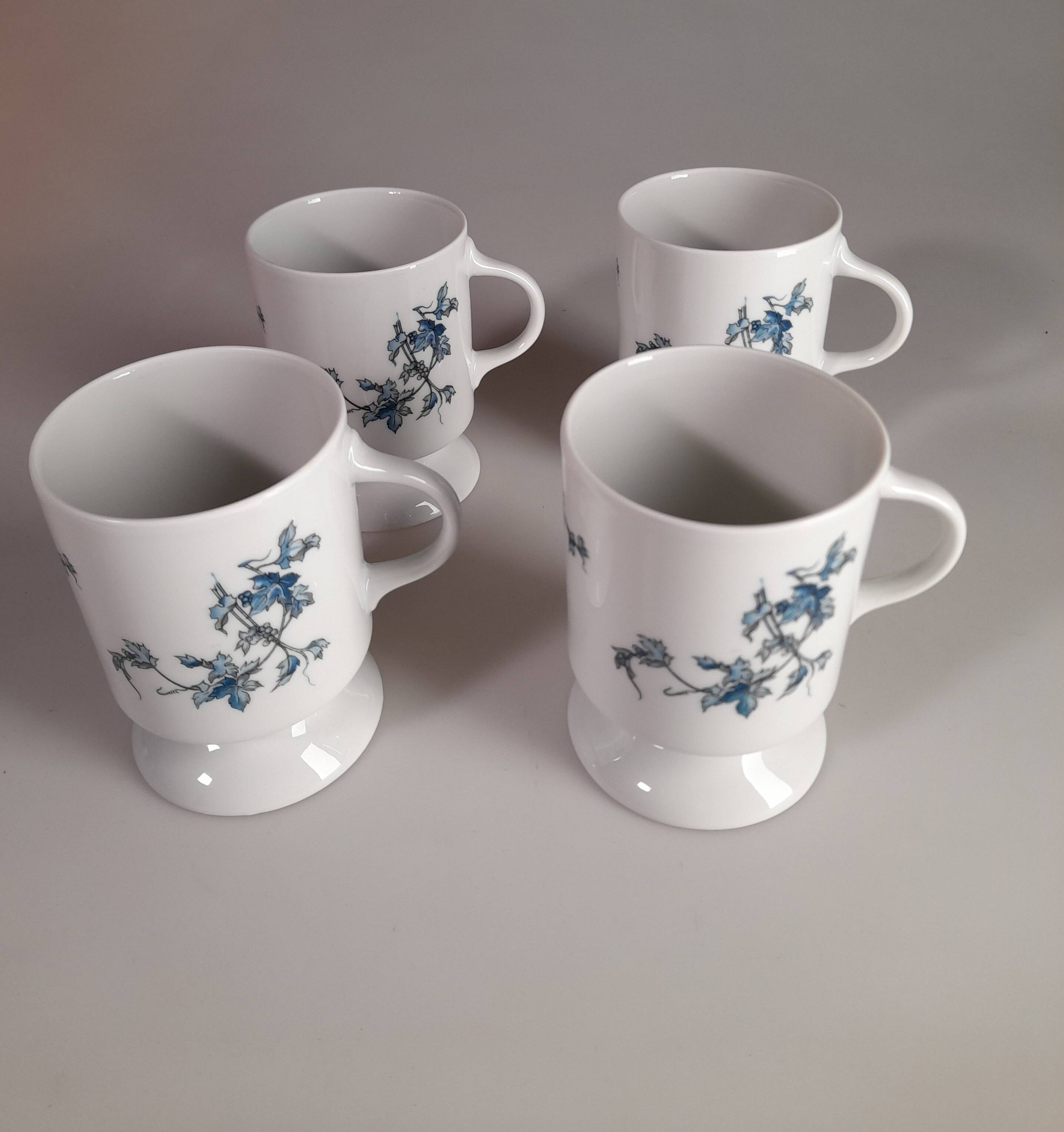 Set of 4 blue flower mugs / cups in Limoges porcelain Castel
