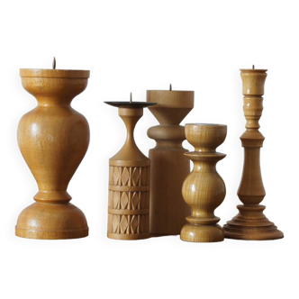 Scandinavian Wooden Candleholders, Set of 5
