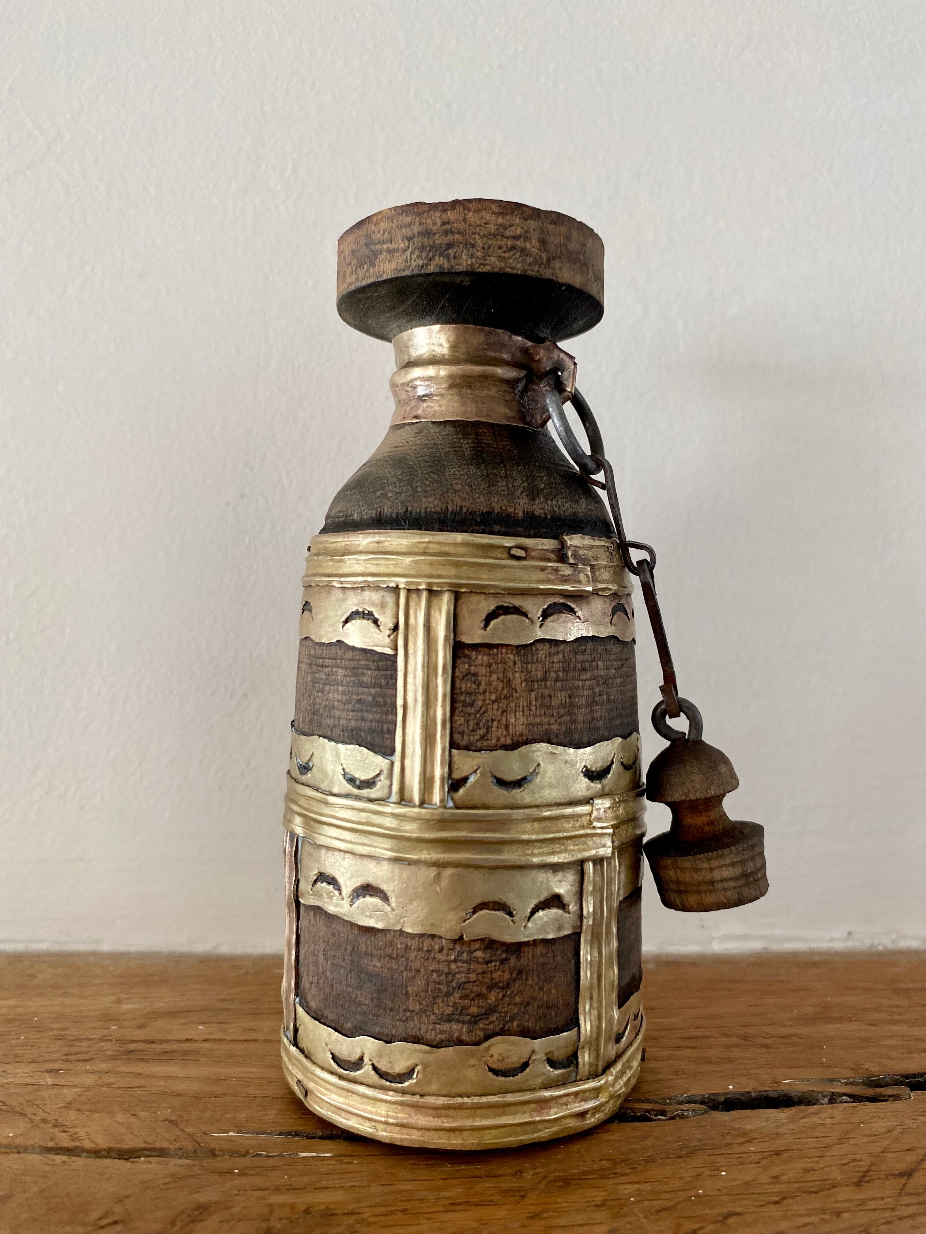 Indian wood and brass bottle