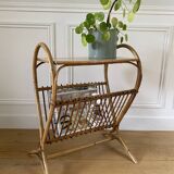 Vintage rattan magazine rack with side table - Height 58cm / Length