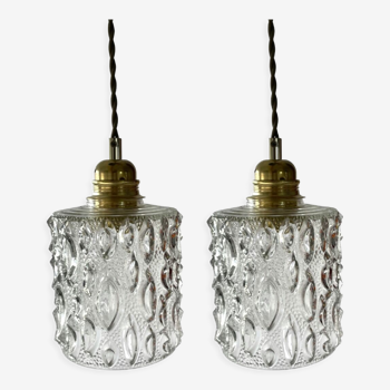 Set of two vintage electrified glass pendant lamps