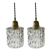 Set of two vintage electrified glass pendant lamps
