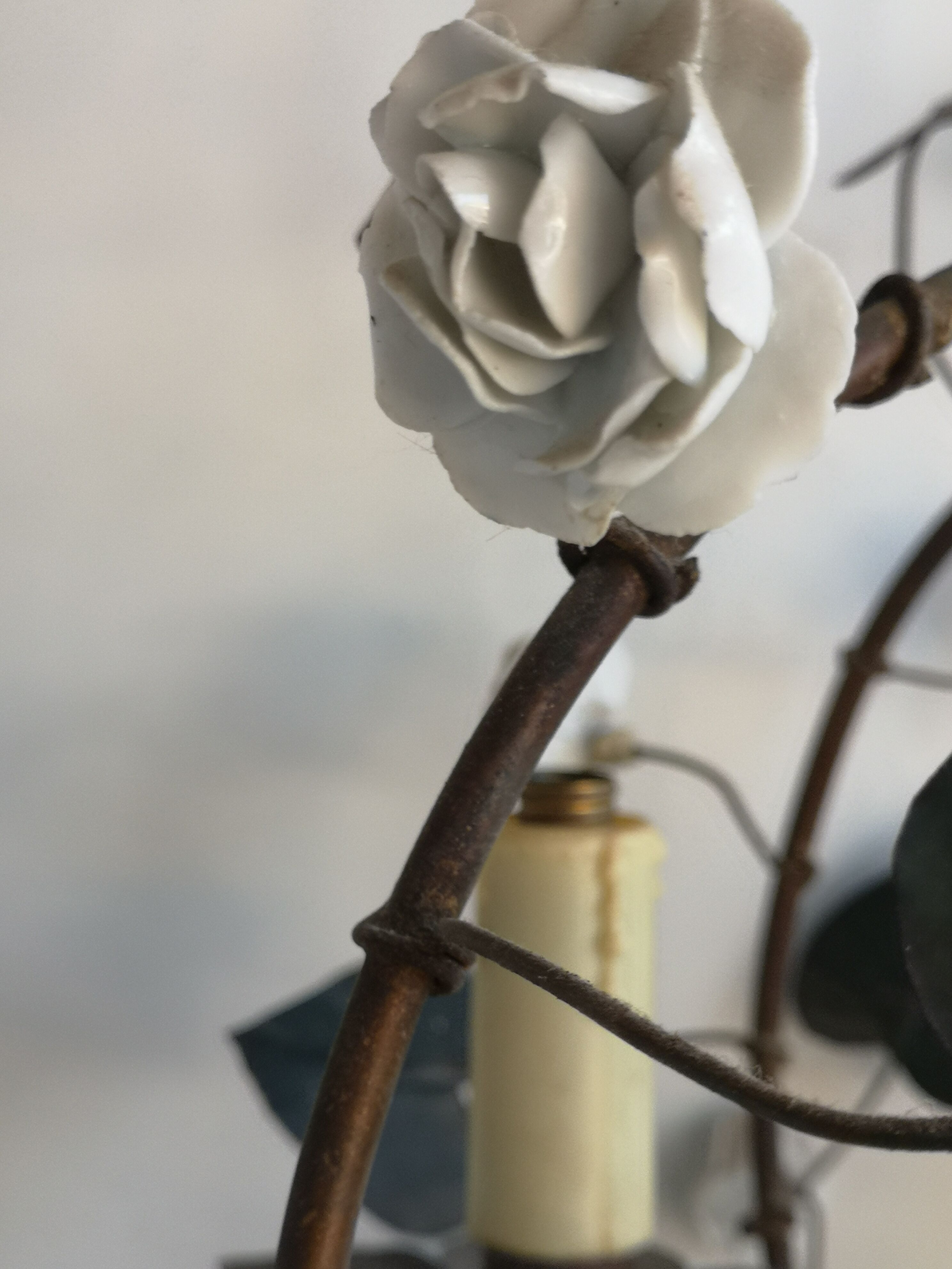 19th copper chandelier with ceramic floral motifs