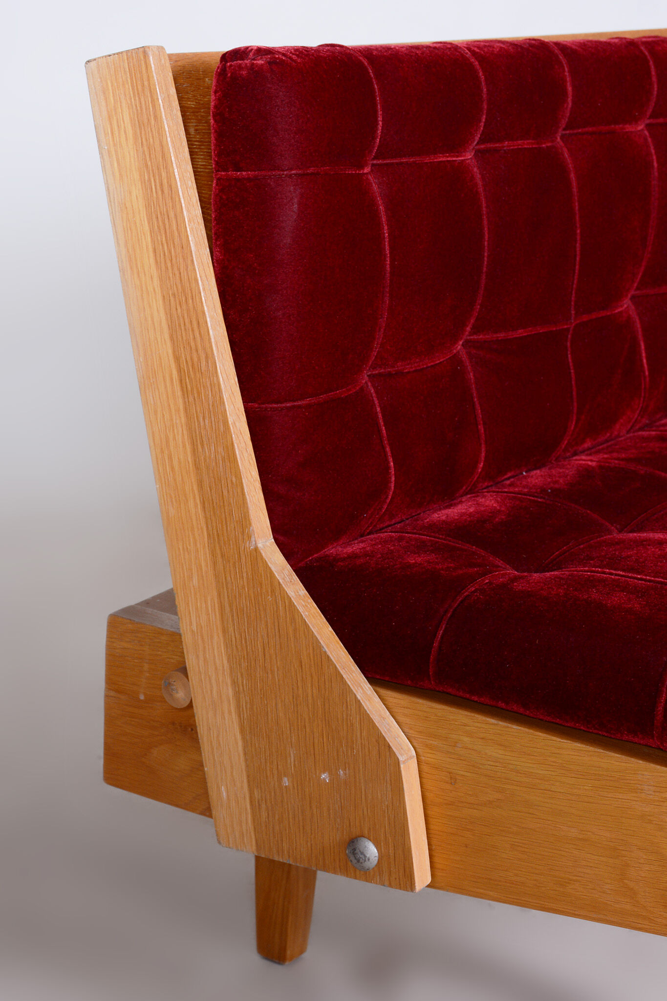 Red Midcentury Modern Oak Sofa, 1950s, Original well preserved upholstery