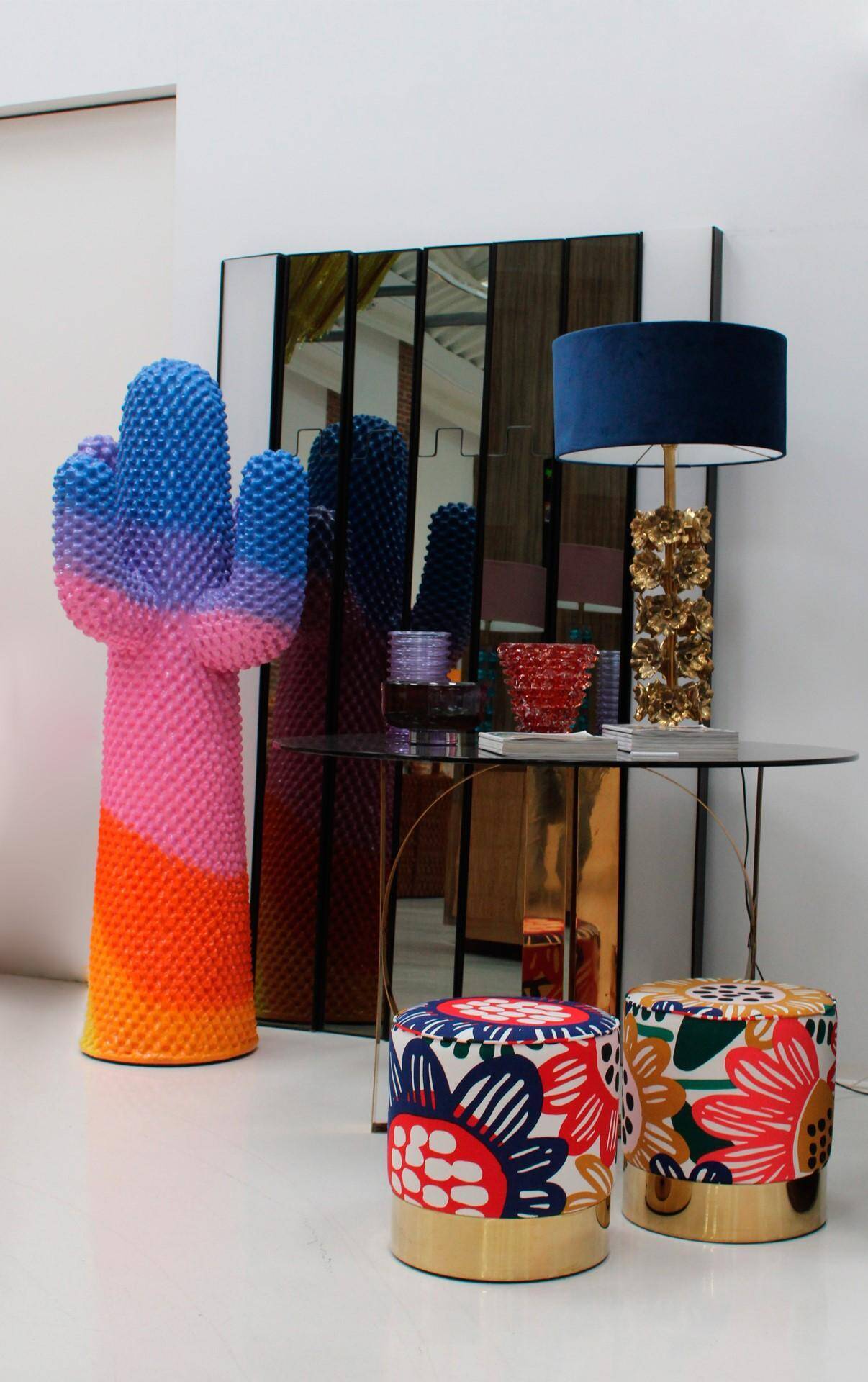 Contemporary Multicolour Floral patterned Fabric and Brass Italian Circular Pouf