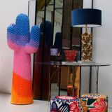 Contemporary Multicolour Floral patterned Fabric and Brass Italian Circular Pouf