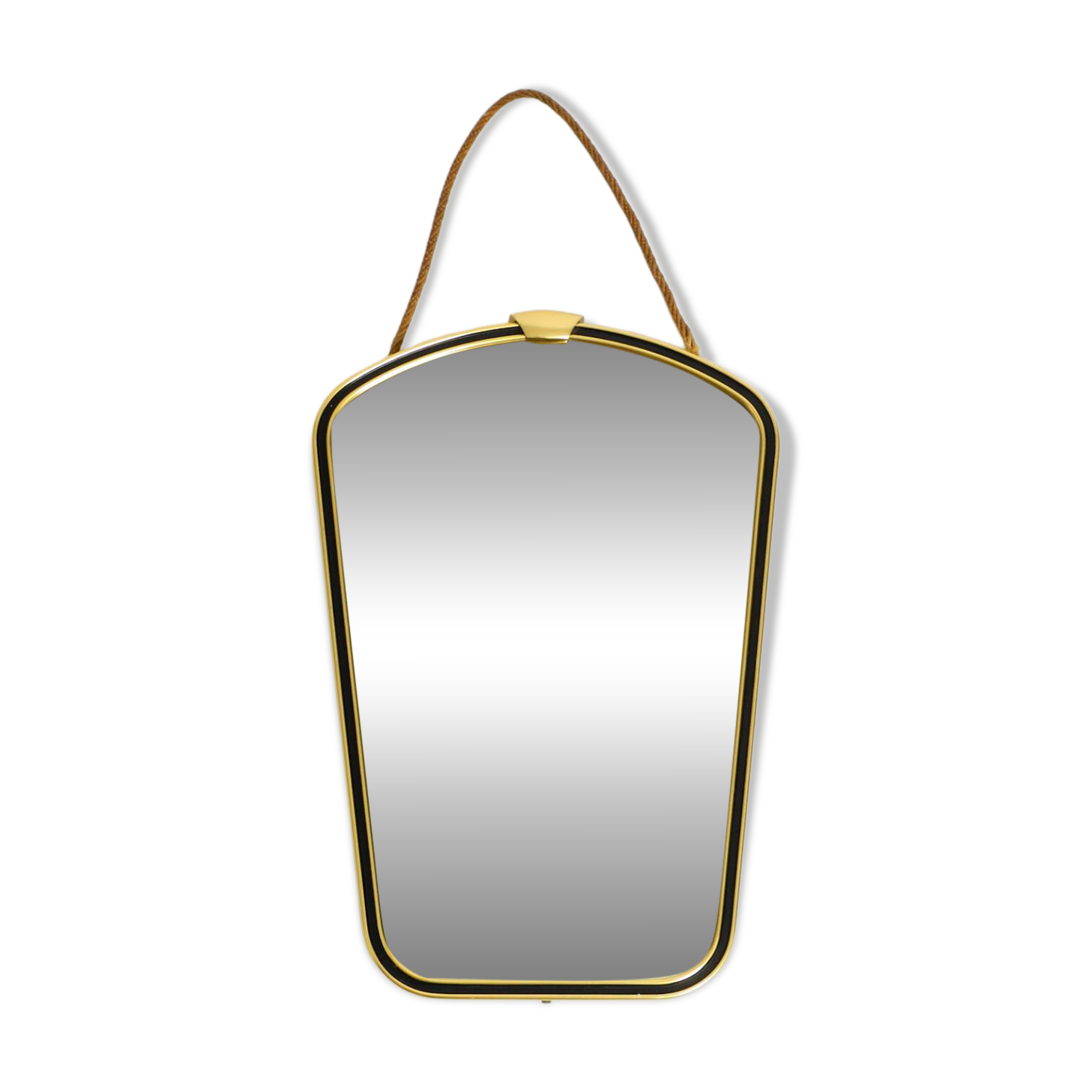 Beautiful small mid-century brass wall mirror with braided hanging strap