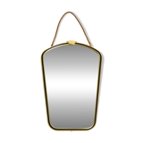 Beautiful small mid-century brass wall mirror with braided hanging strap