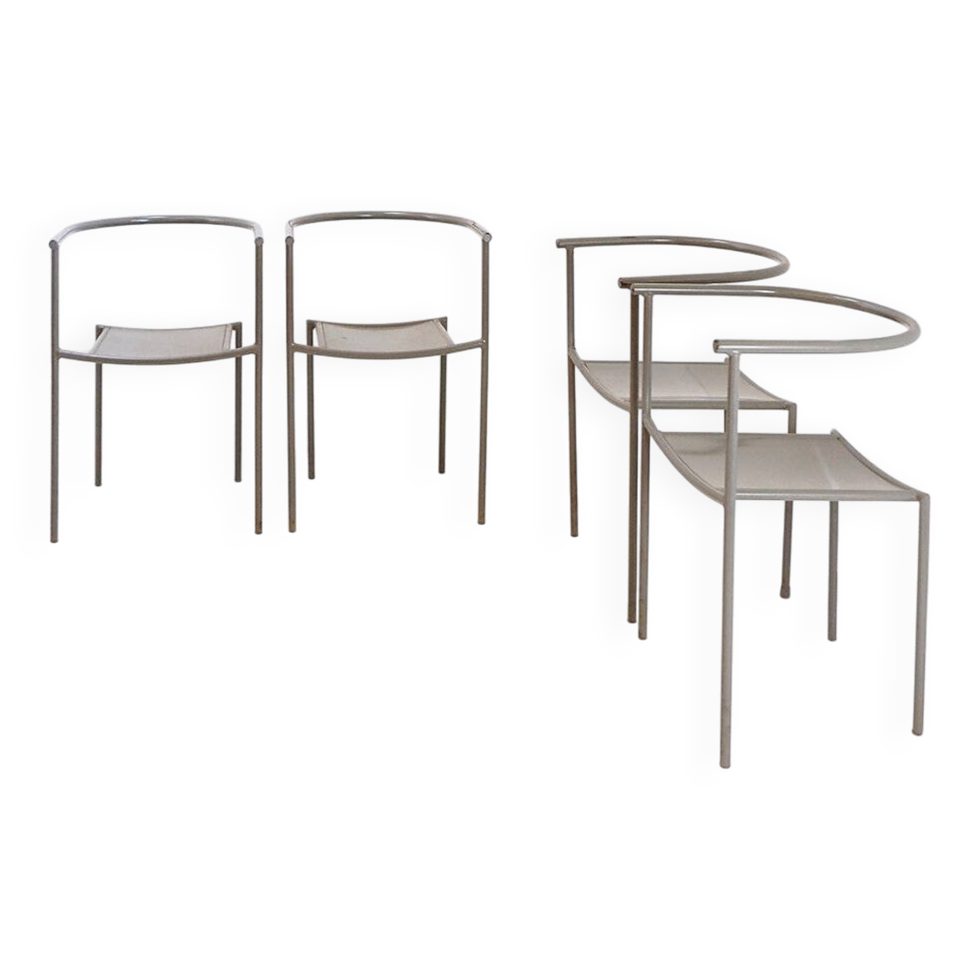 Set of 4 gray metal chairs in the style of Starck's "Von Vogelsans" model