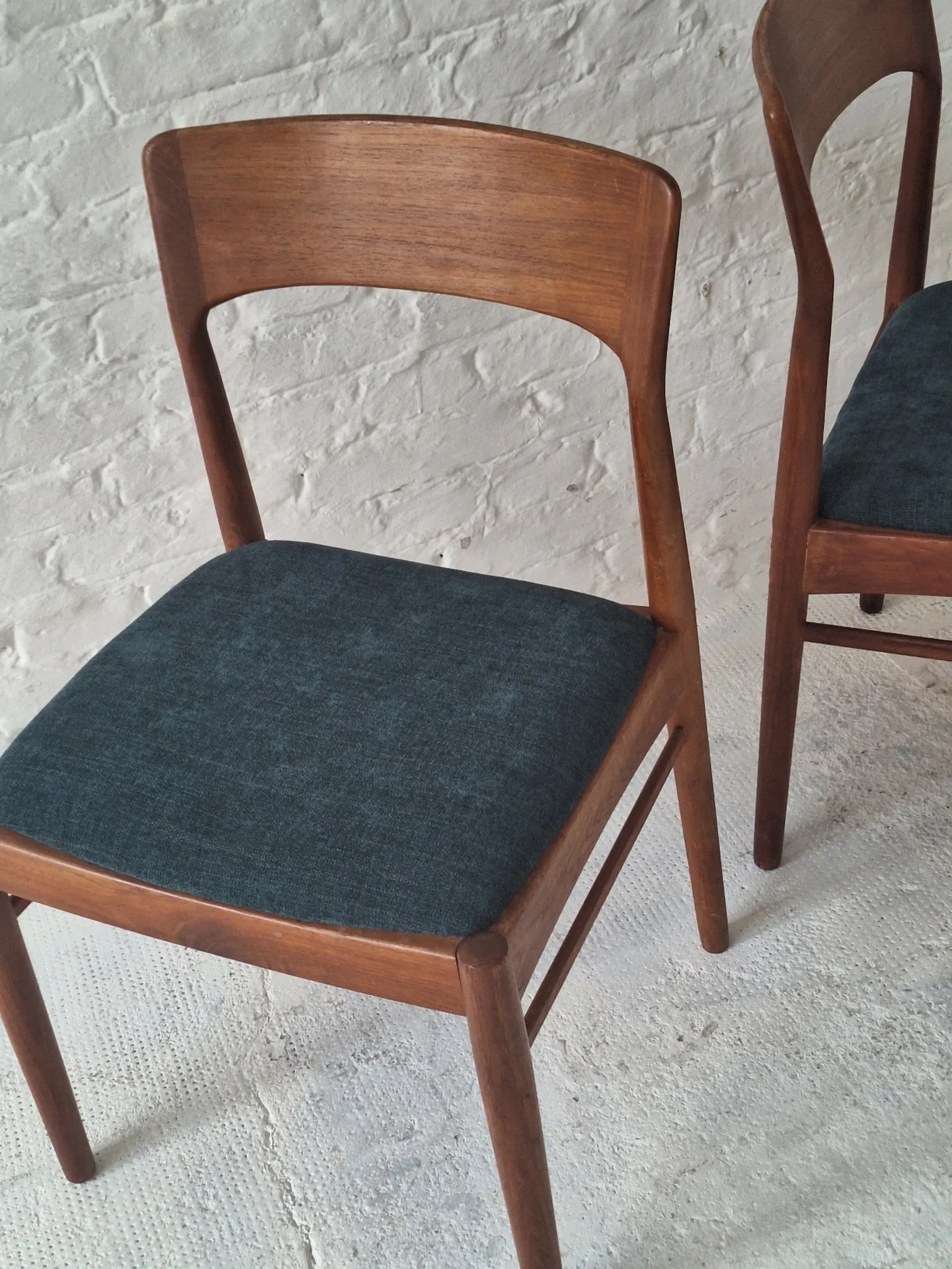 Pair of Henning Kjaernulf teak dining chairs sea blue-green, Denmark 1960s