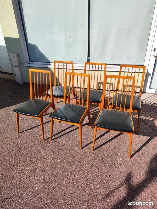 Set of 6 Scandinavian wooden and vintage leatherette chairs