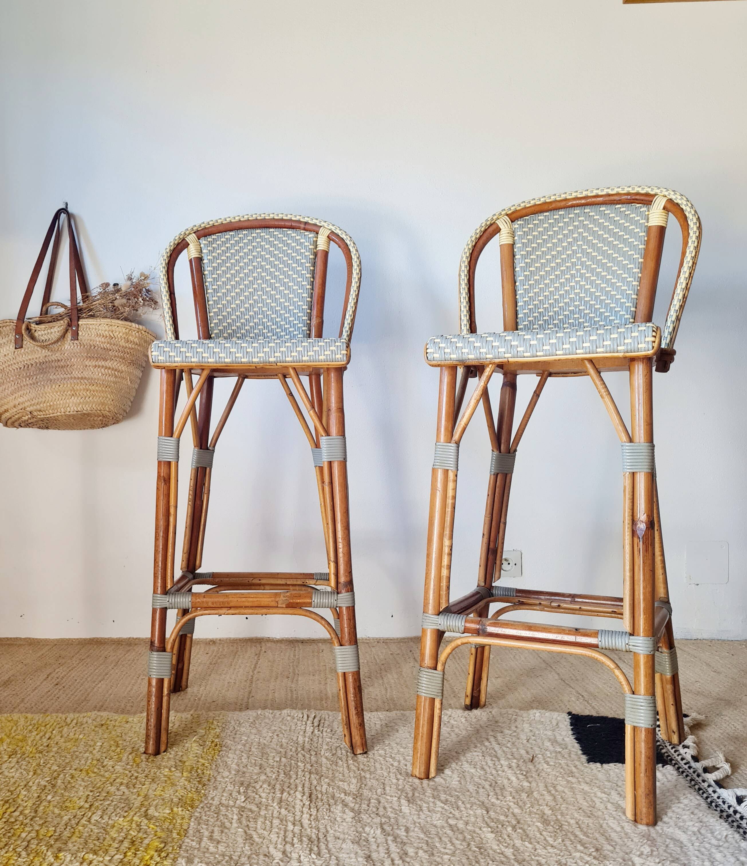 Vintage Gaty bar stools in two-tone rattan and cane.