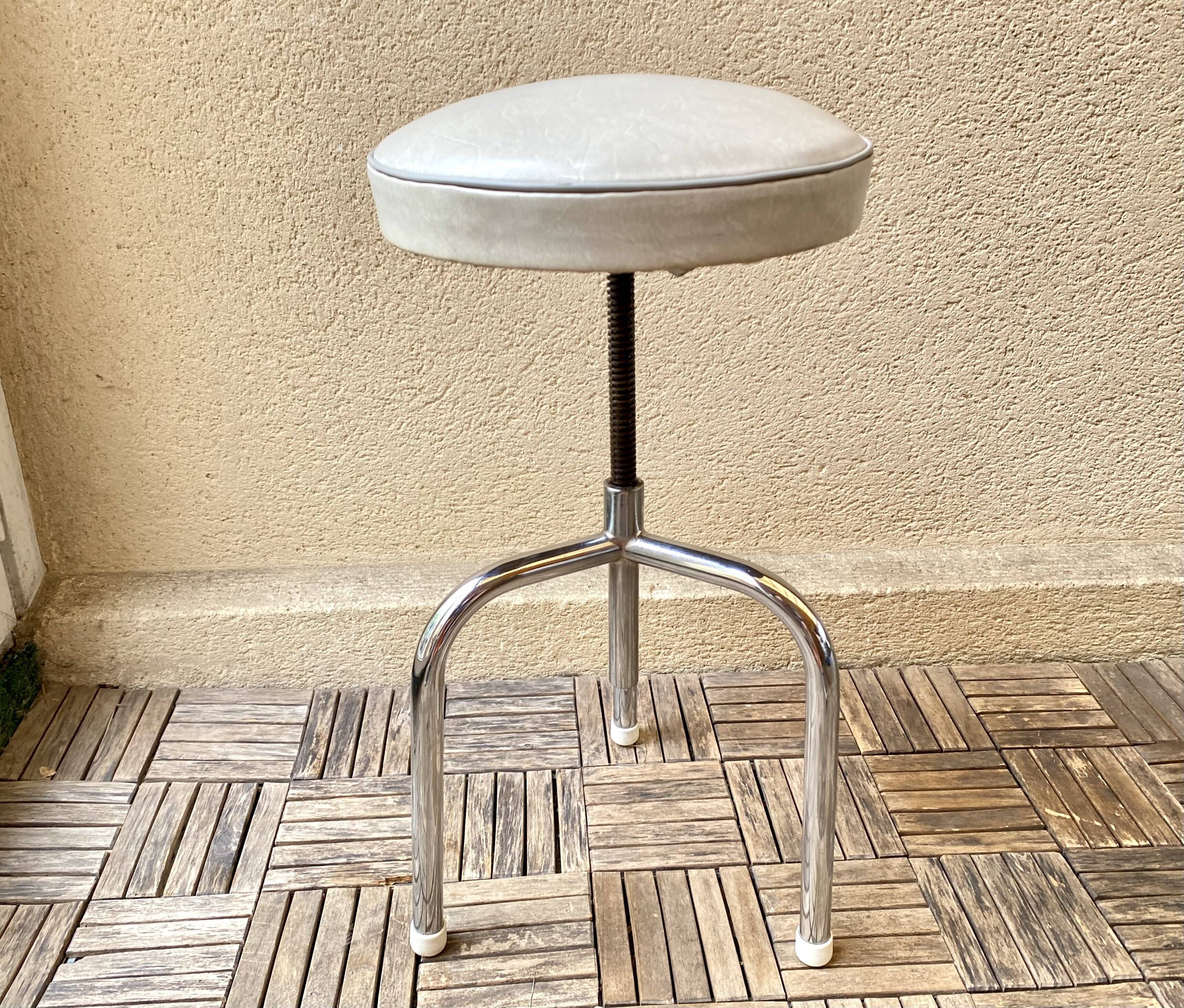 Stool tripod swivel workshop height adjustable skai & chrome vintage 60s