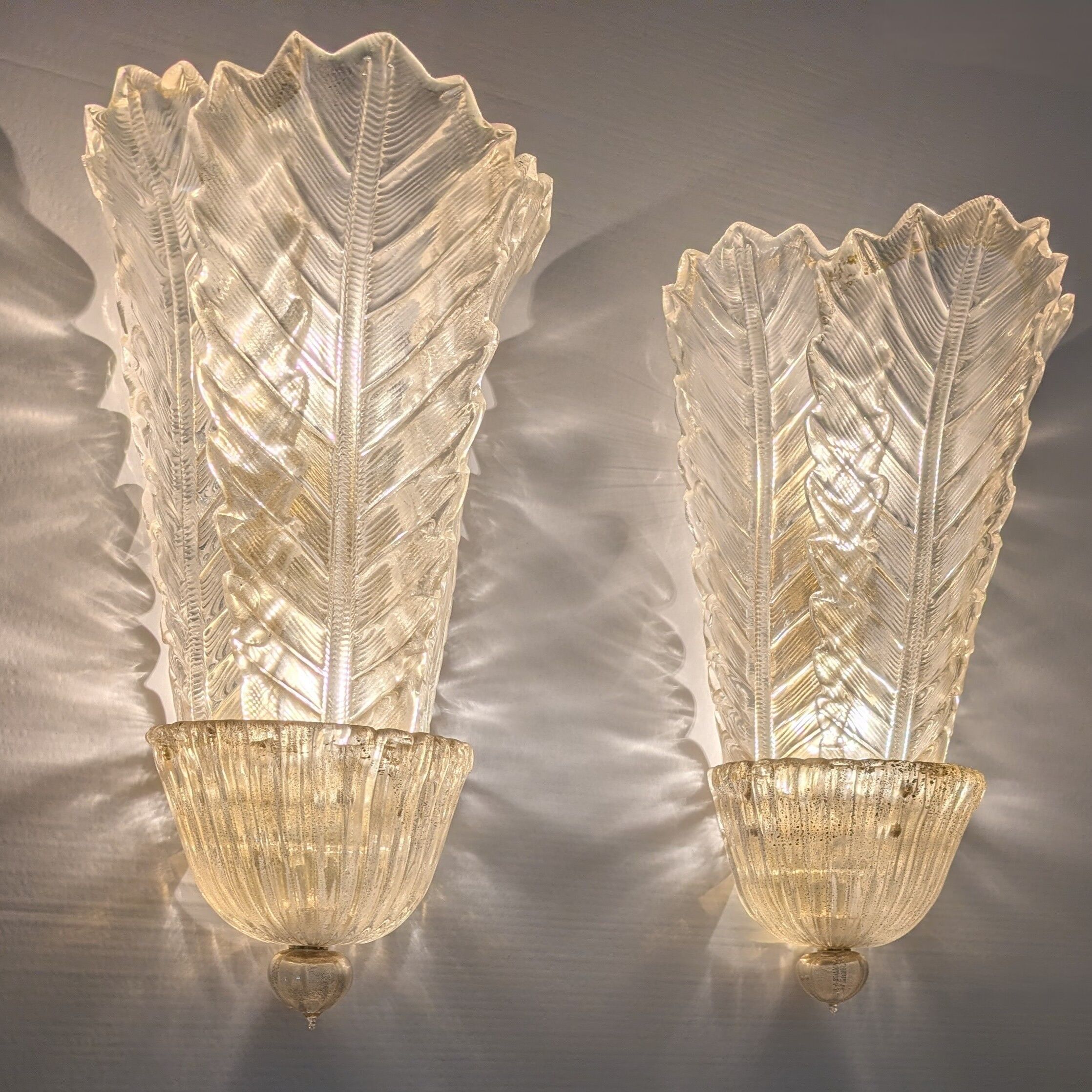 Paire de grands appliques murales Barovier & Toso Foglia d’Oro, années 1980.