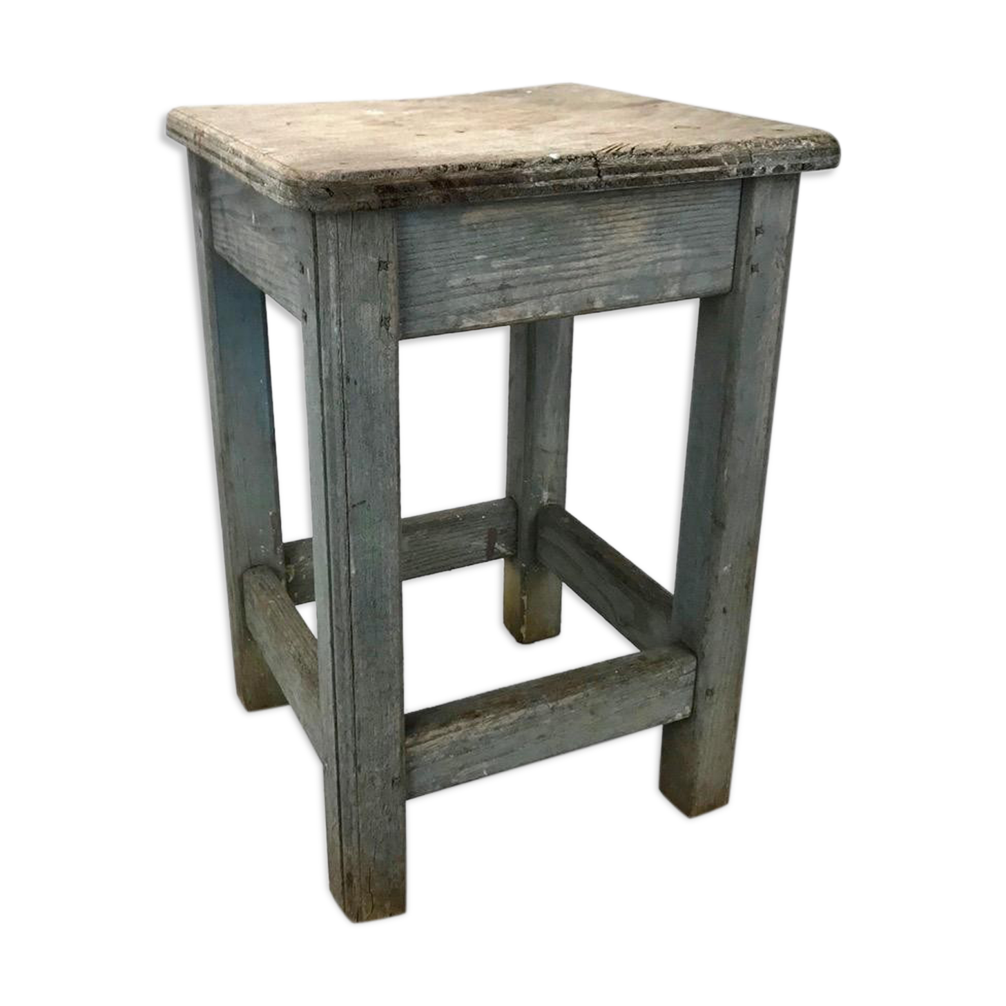 Blue-tinted wooden workshop stool
