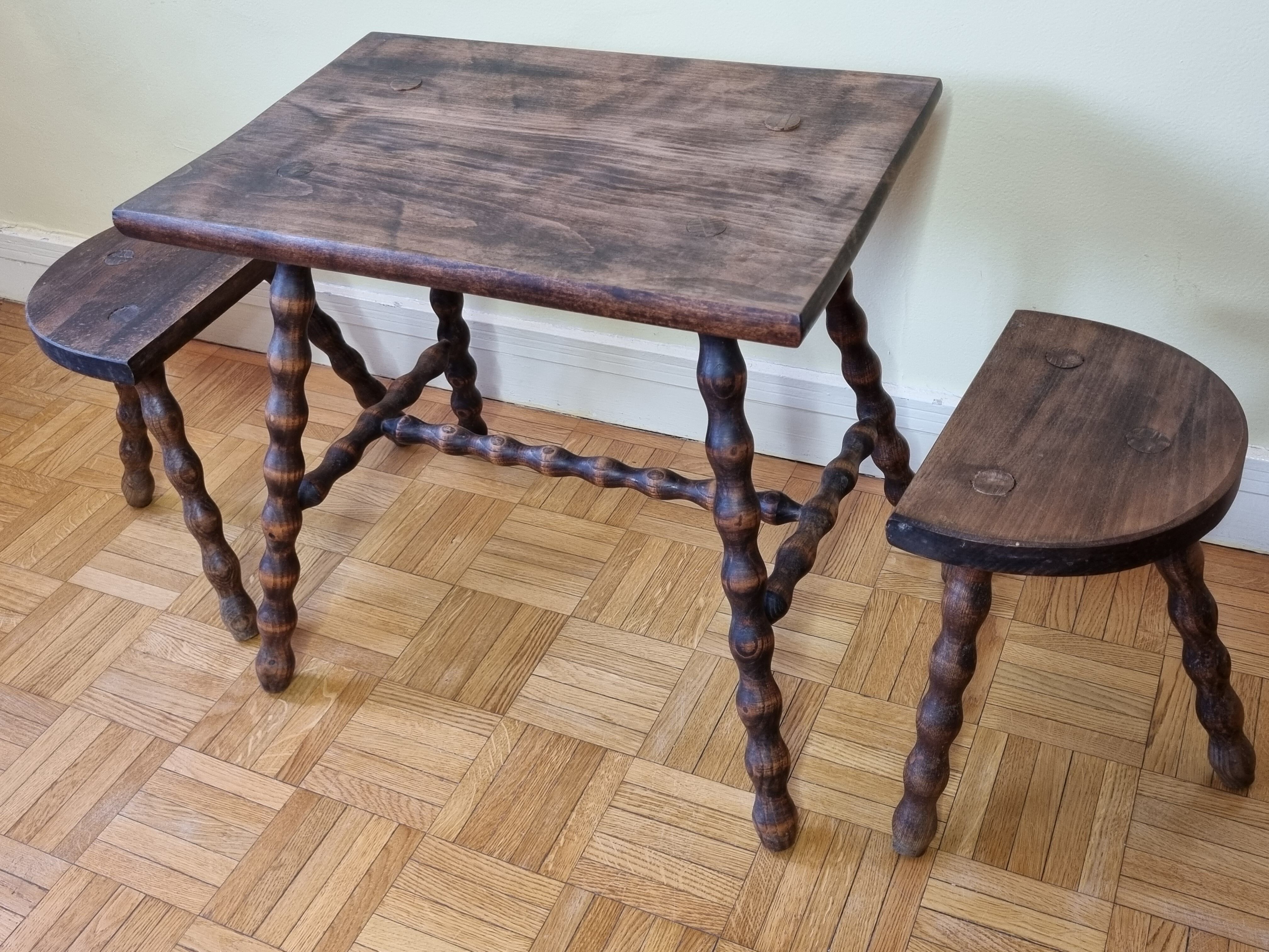 Breton style tripod children's table and stools in solid wood