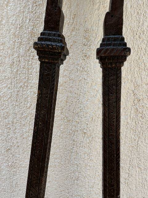 Large fireplace tongs and shovel from the 19th century.