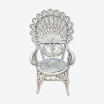 Fauteuil peacock boho en rotin vintage blanc années 70