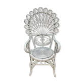 Fauteuil peacock boho en rotin vintage blanc années 70