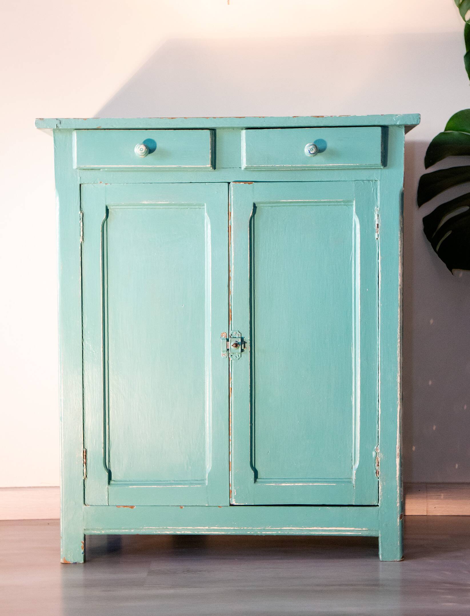 Parisian water green sideboard, patinated wood, 1950