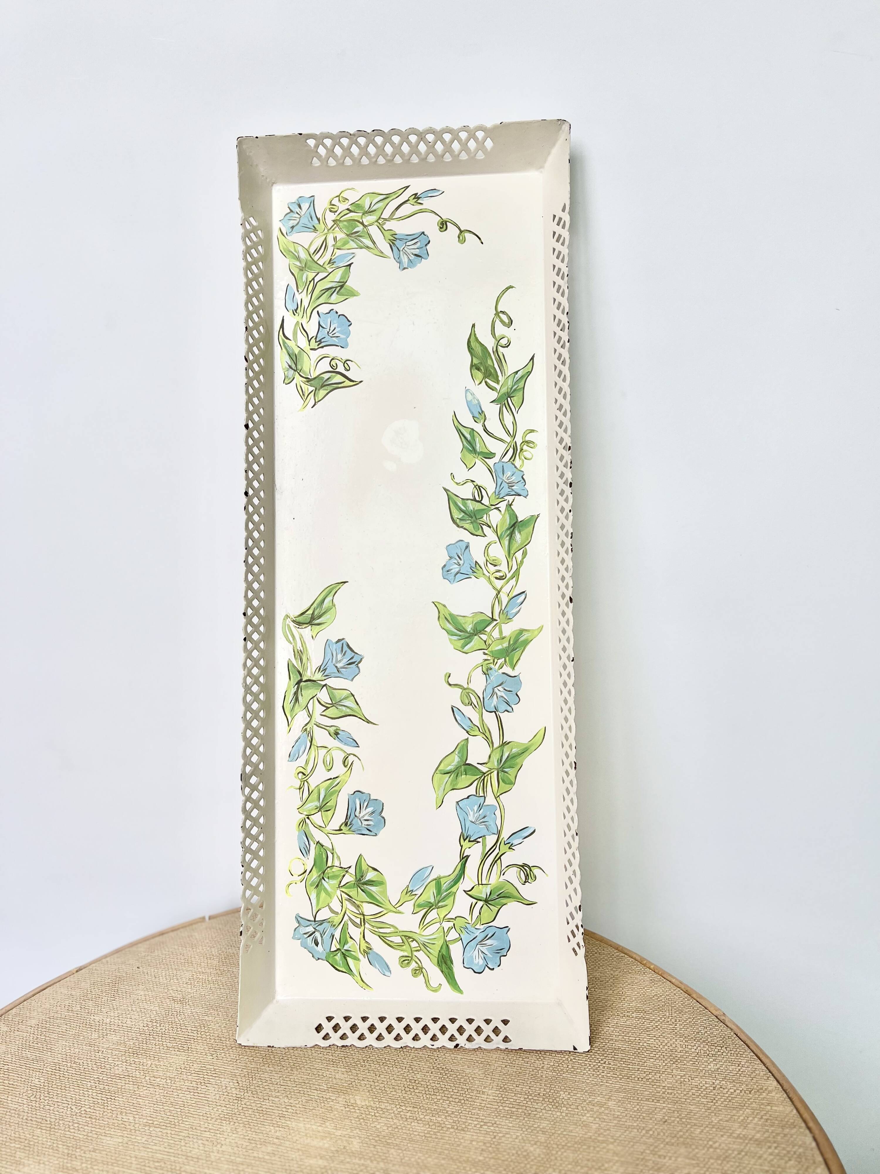 Large painted sheet metal tray with flower decoration