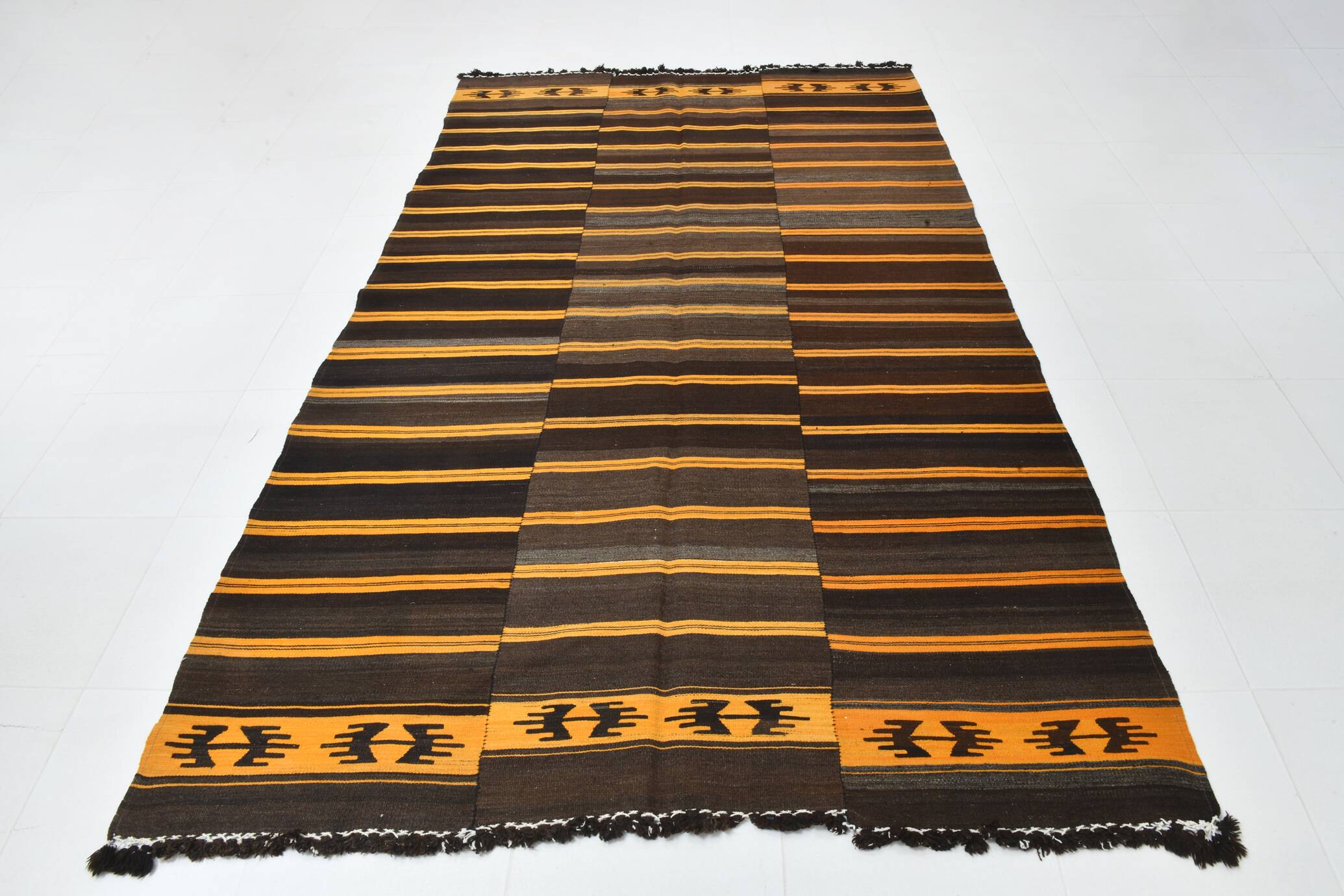 Tapis Kilim vintage rayé orange et marron 6x9, 172x291 cm