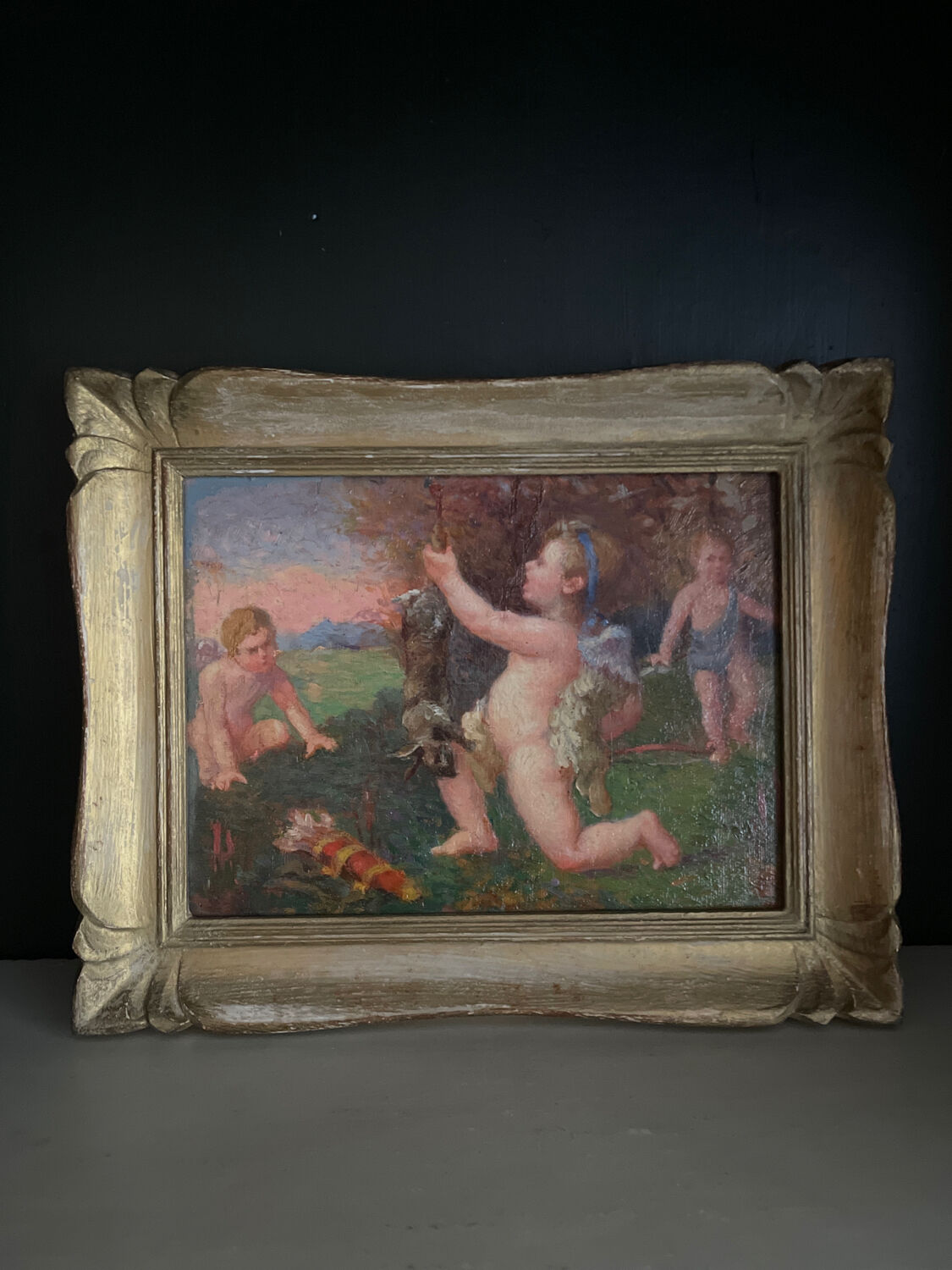 Old painting nineteenth oil on panel "Putti"