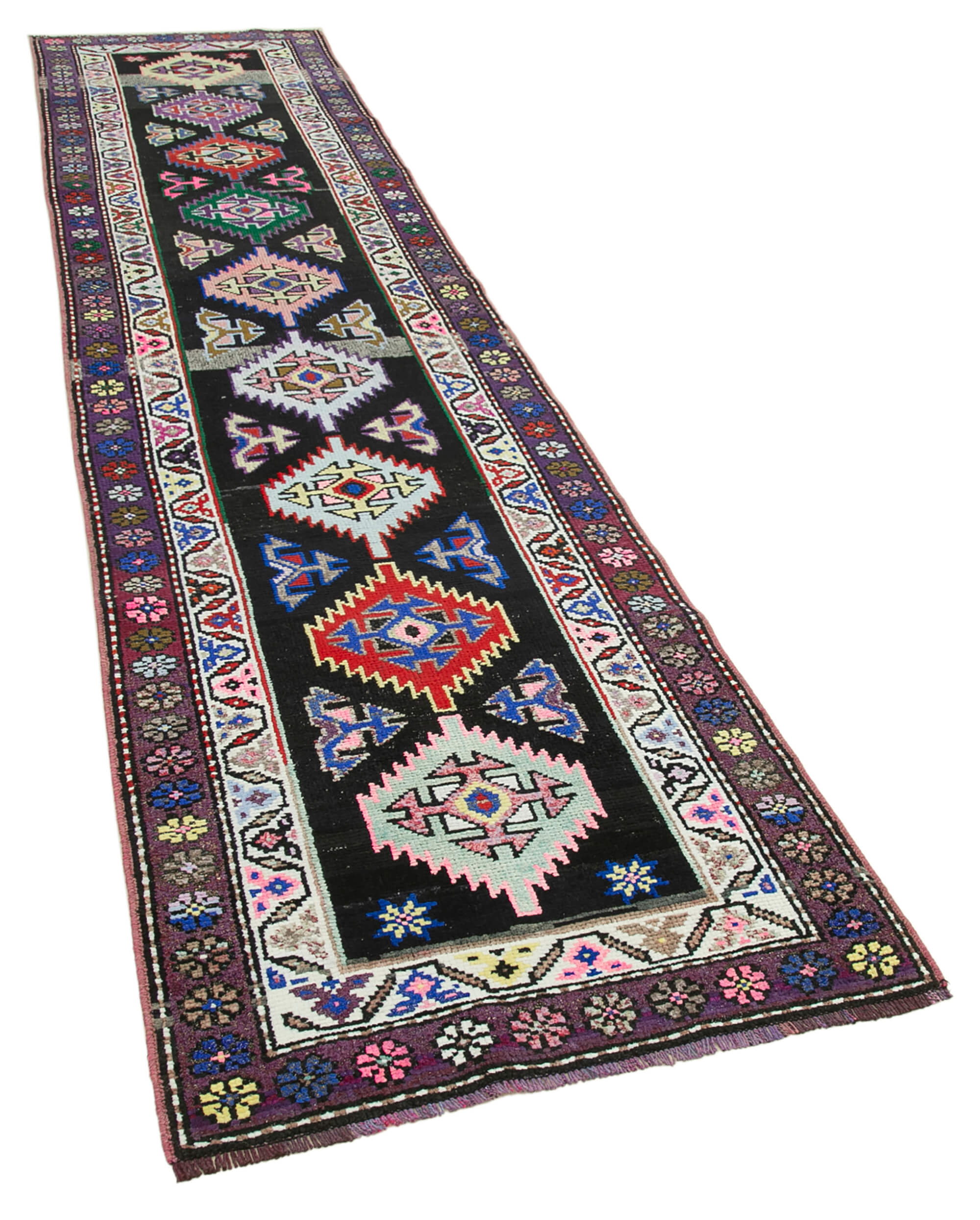 Hand-knotted decorative turkish purple runner carpet 88 cm x 384 cm
