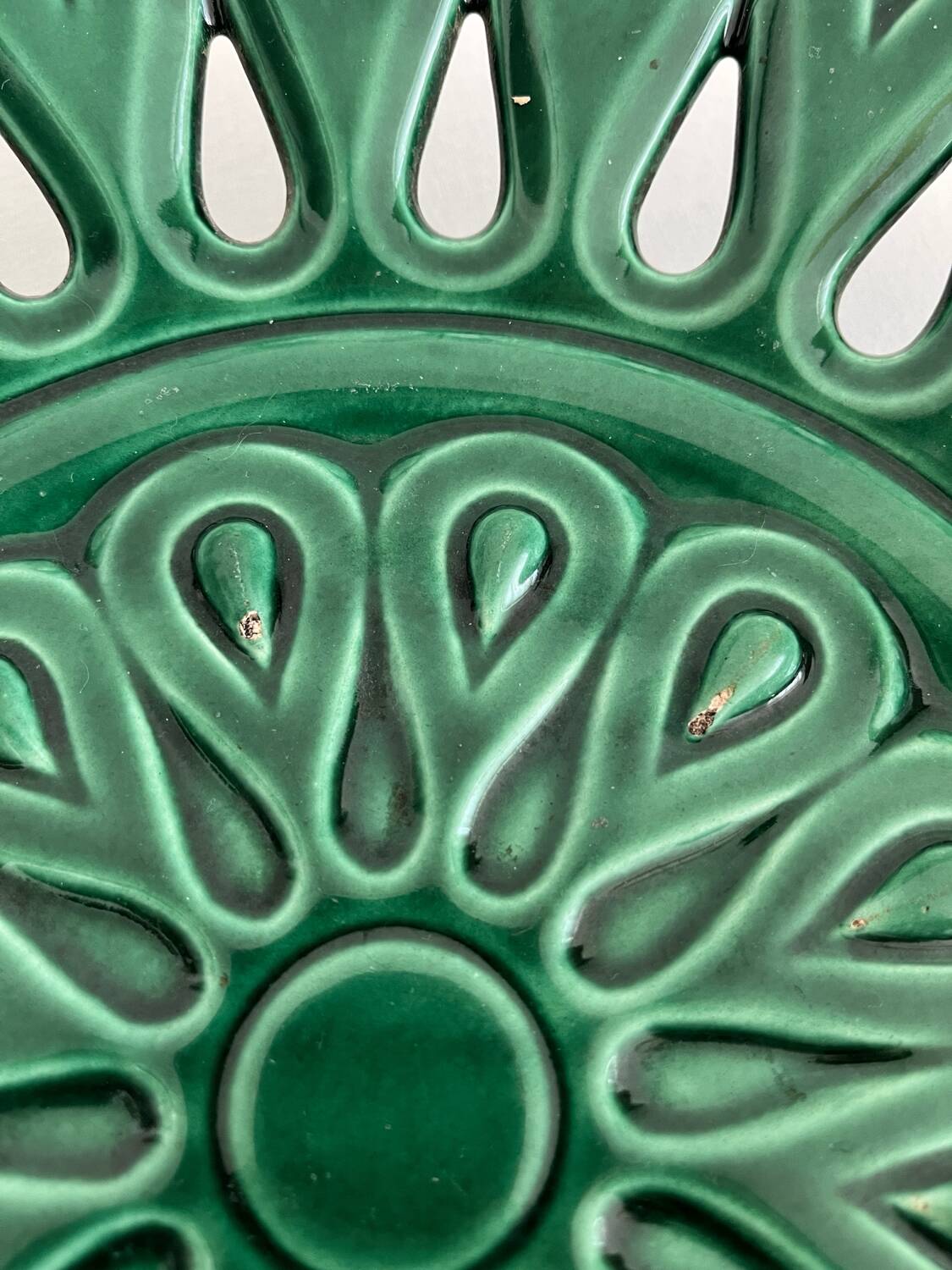 Vintage openwork green ceramic fruit bowl