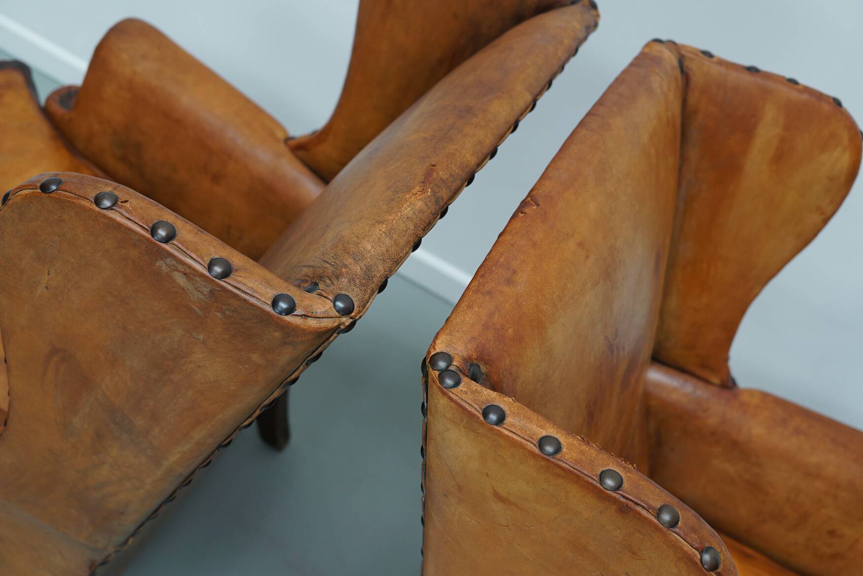 Old Patinated Dutch Cognac Colored Leather Club Chair, Set of 2
