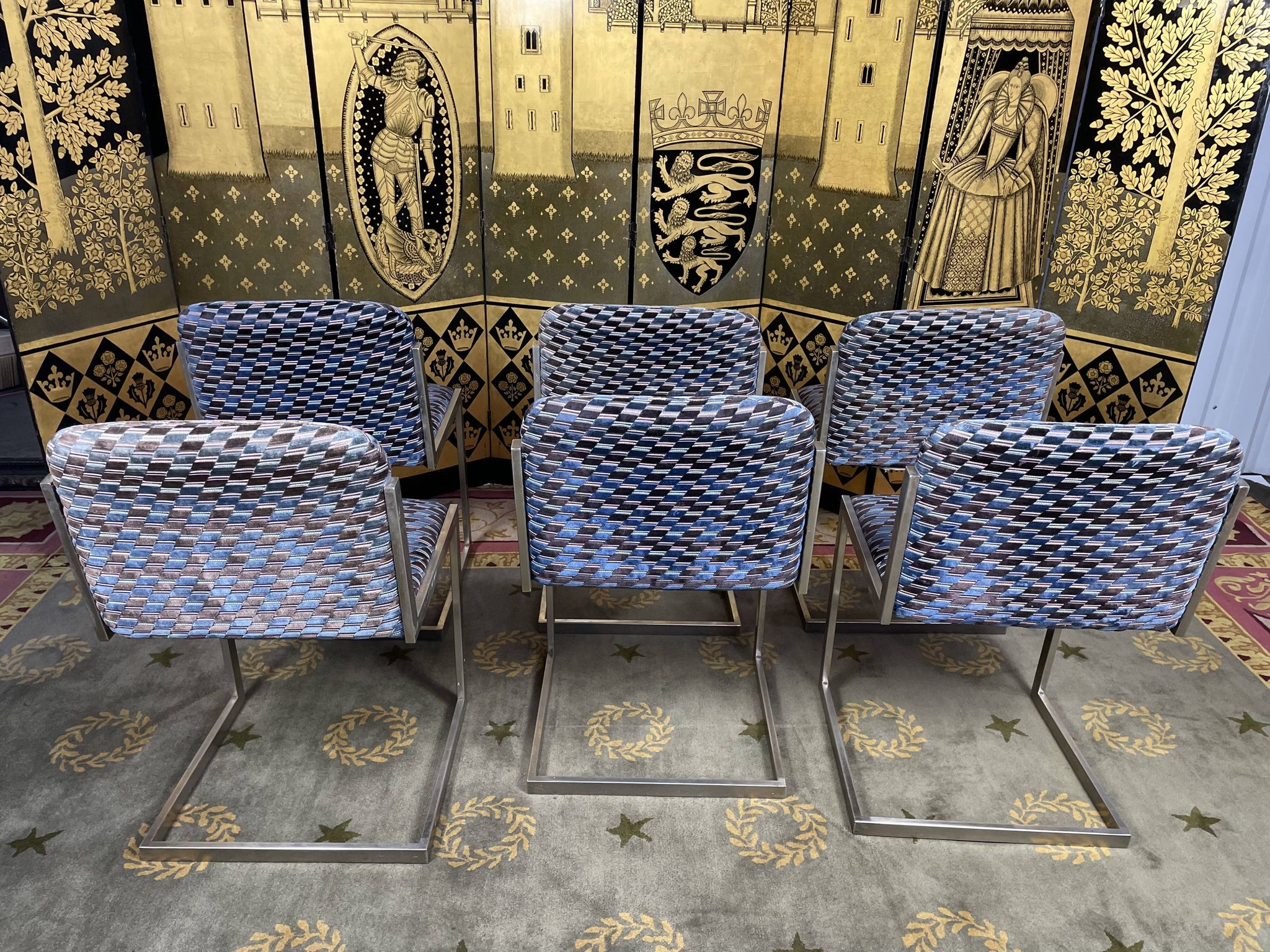 Suite of 6 vintage chairs 1970 velvet and stainless steel