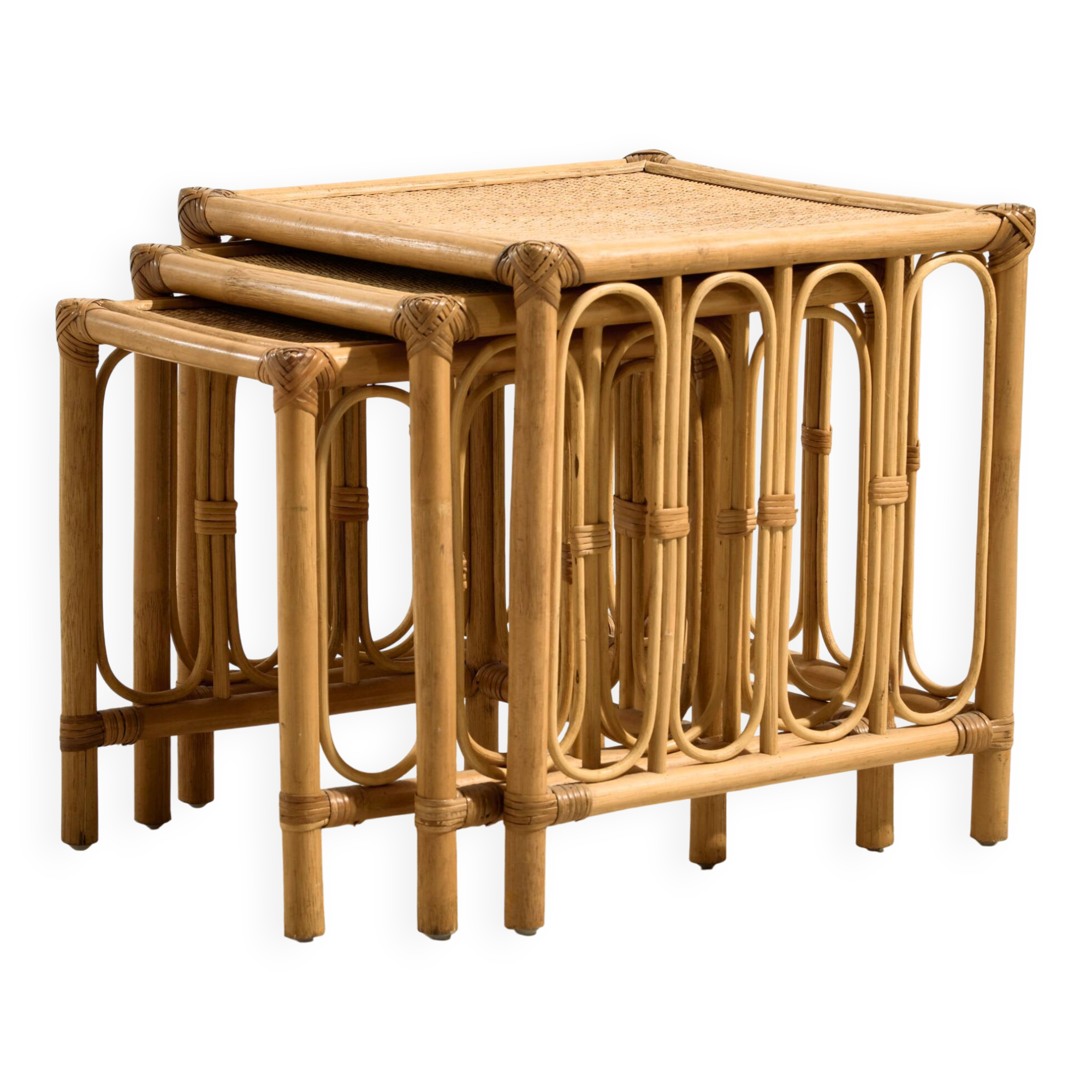 Nest of bamboo and rattan tables, set of 3.