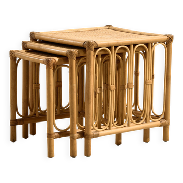Nest of bamboo and rattan tables, set of 3.