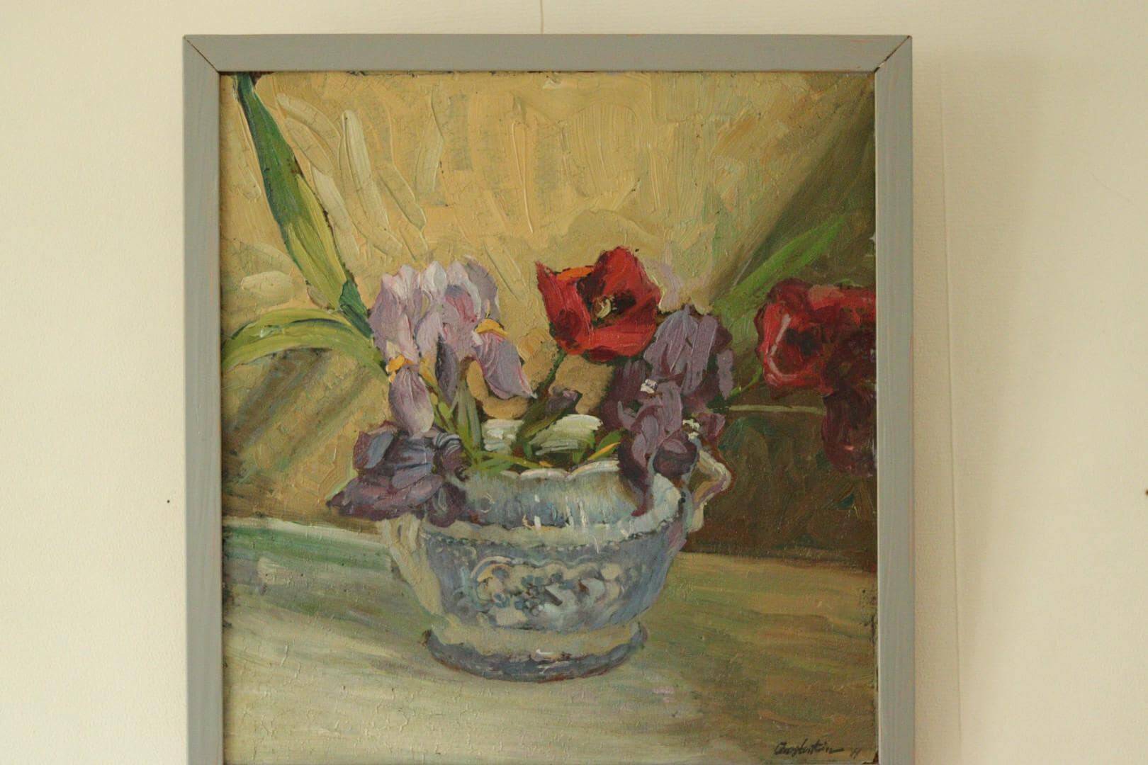 Original Swedish floral still life oil on panel painting