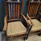 Lot suite de 4 chaises et 2 fauteuils en chêne sculpté, pieds en bobine, années 1900