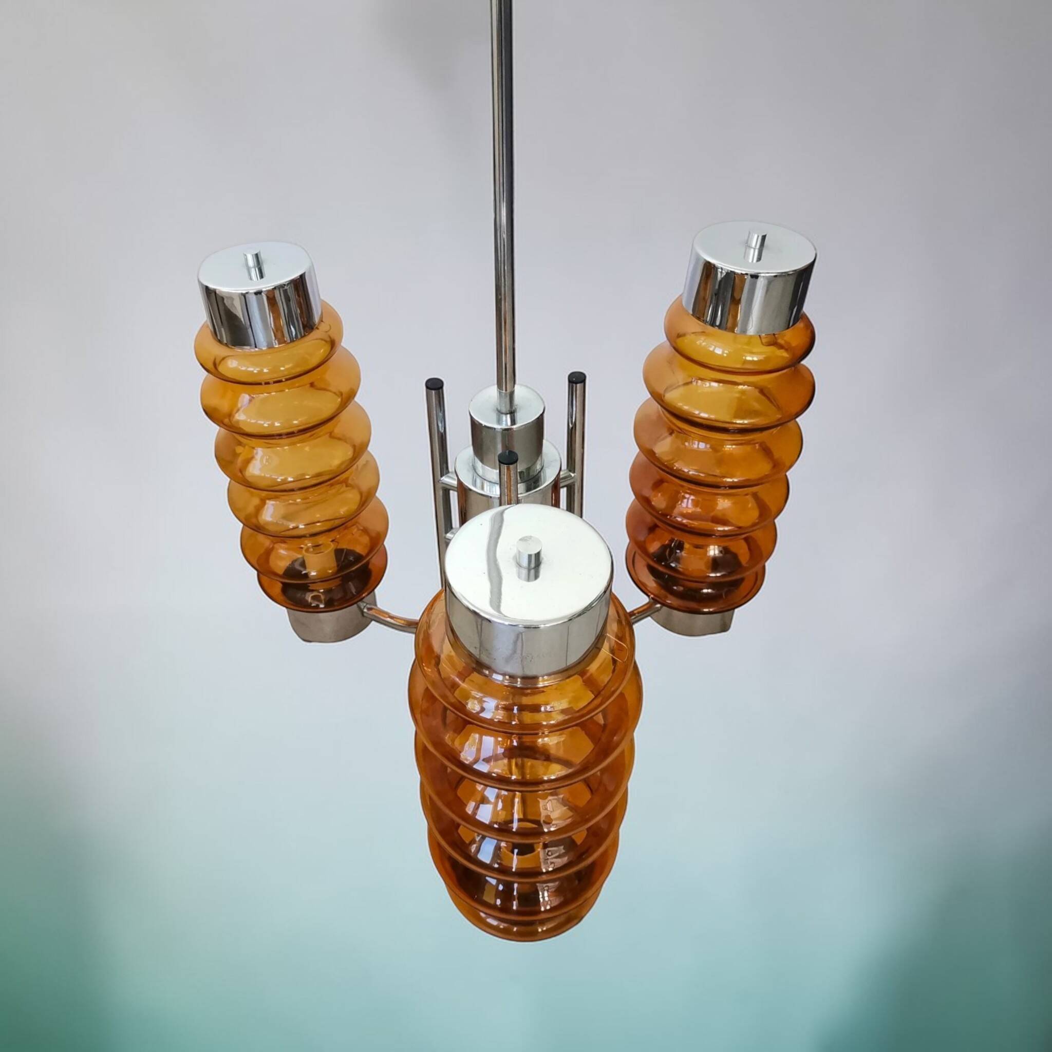 Mid Century Modern large chandelier with amber glass