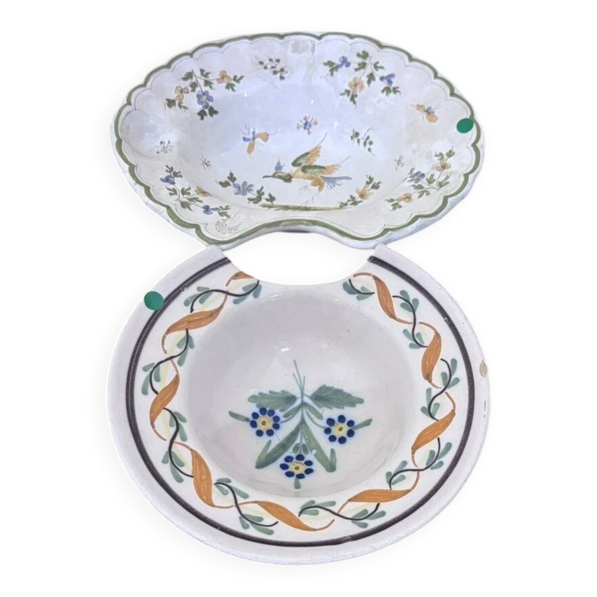 Two earthenware beard dishes – Moustiers and East of France