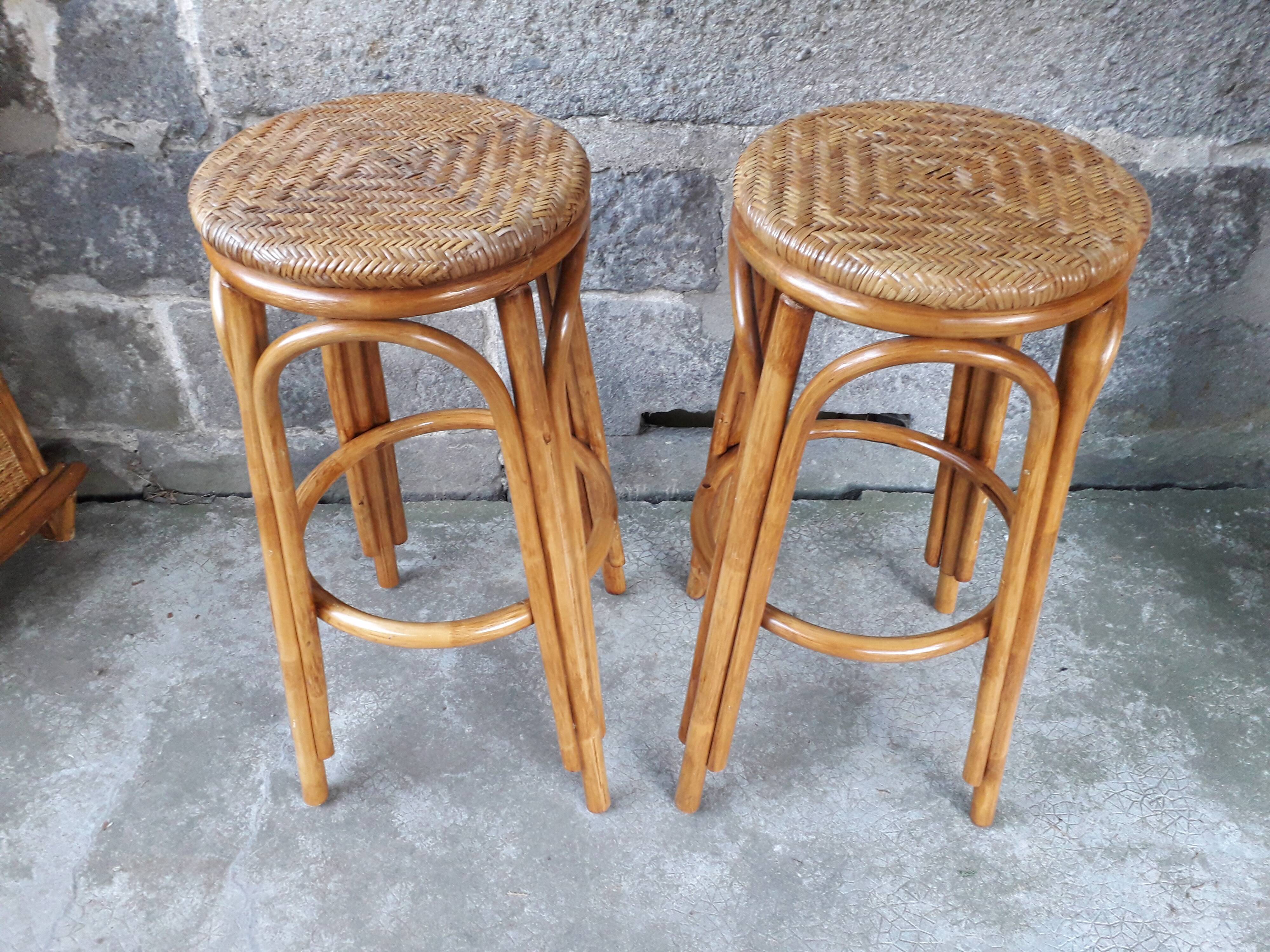 Bar en rotin vintage & ses tabourets