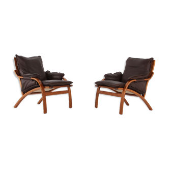 Pair of recliners in curved wood and brown leather Denmark