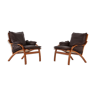 Pair of recliners in curved wood and brown leather Denmark