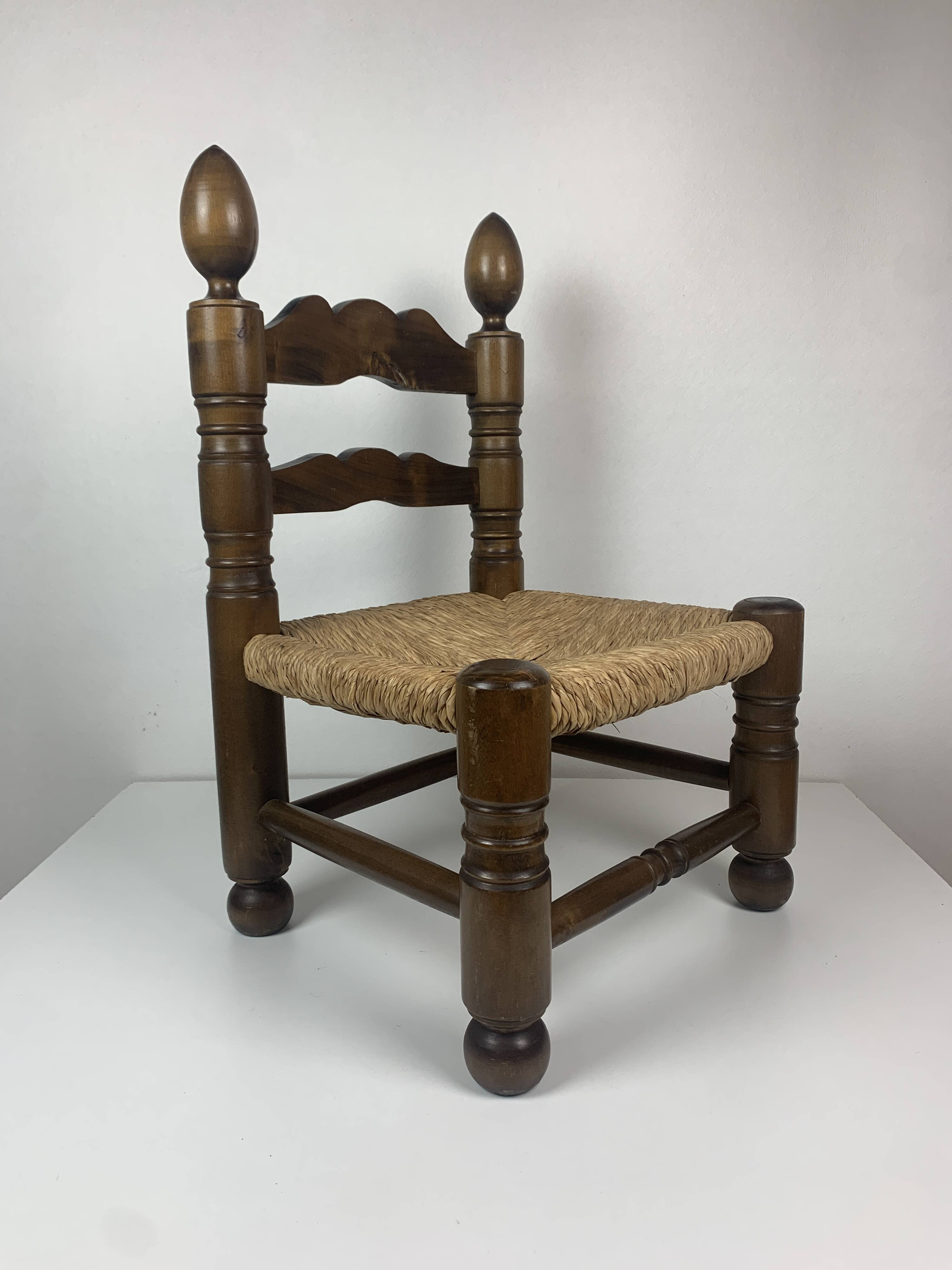 Wood Turned Bobbin Low Rush Chair in the manner of Charles Dudouyt, France, 1950s