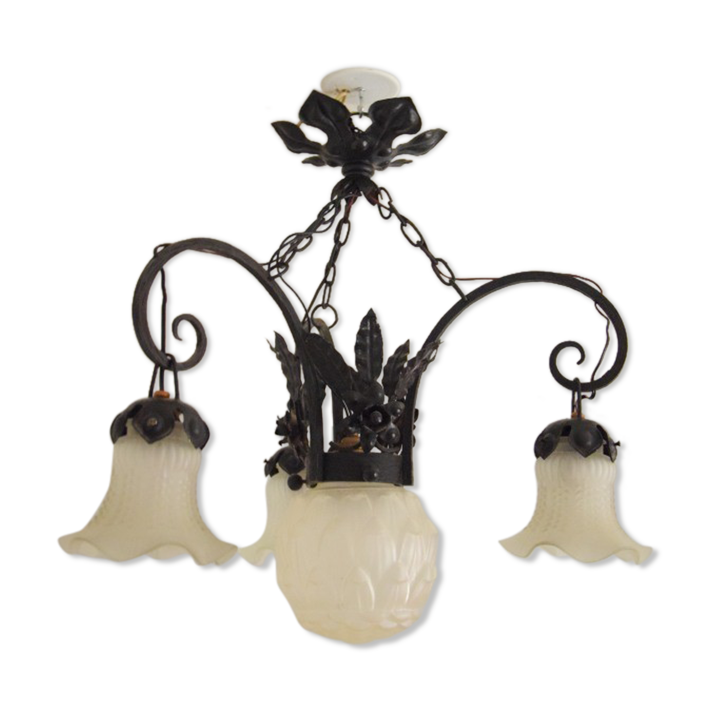 Lustre art déco 1930, tulipe verre et monture fer forgé