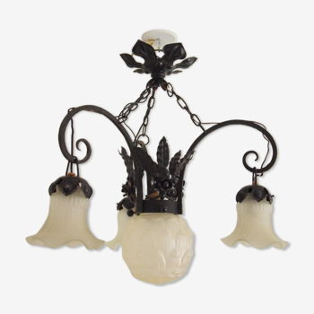 Art deco chandelier 1930, glass tulip and wrought iron frame