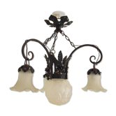 Lustre art déco 1930, tulipe verre et monture fer forgé