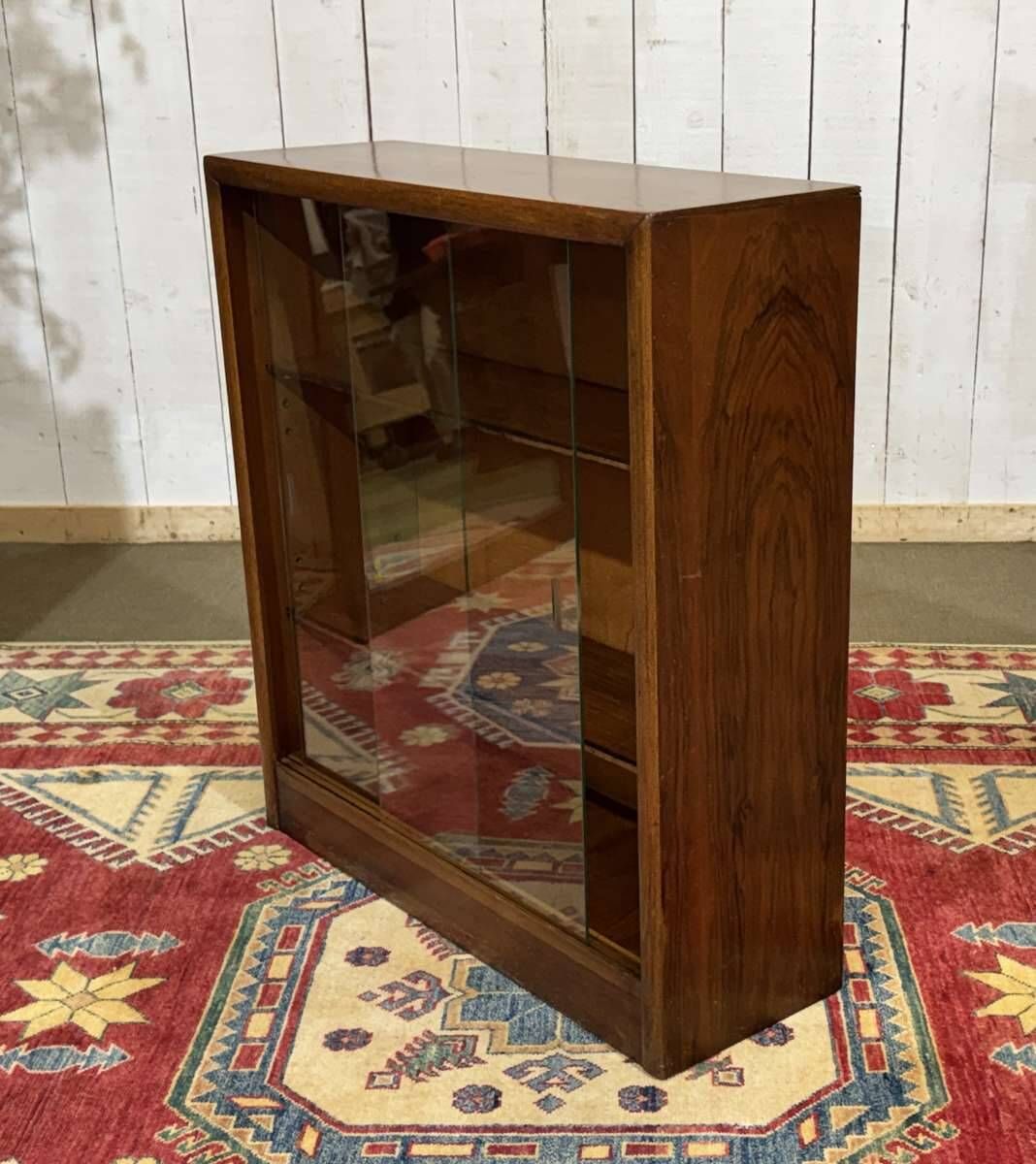 1970s walnut English display cabinet